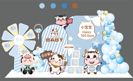 卡通奶牛宝宝宴风车周岁生日布置