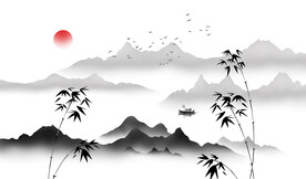 高清分层水墨山水竹子背景墙