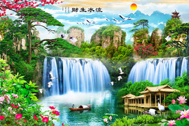 财生水流迎客松背景墙