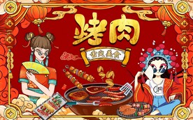 国潮美女烤肉美食工装背景墙图片