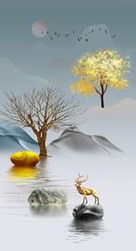 装饰画 石头 麋鹿