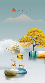 装饰画 石头 麋鹿