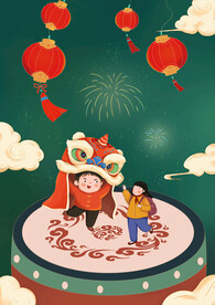 传统国潮舞狮醒狮插画文创新年