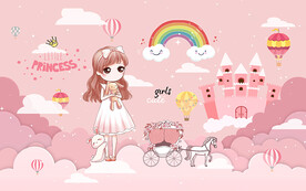 可爱小公主城堡马车儿童房背景墙