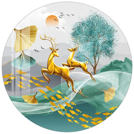 抽象山水银杏飘带麋鹿圆形装饰画