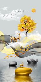 瓷晶画 线条抽象画 麋鹿石头