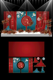 红色新中式婚礼KT板布置