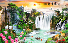 流水生财迎客松山水风景画