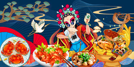 工装饭店背景墙画国潮美食