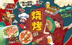 国潮烧烤啤酒美食工装背景墙