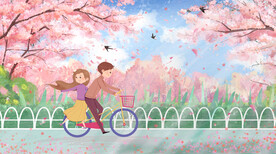 樱花树下骑行车的情侣创意插画 