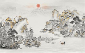 新中式金色水墨山水背景墙