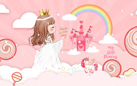 卡通可爱公主彩虹城堡儿童房背景