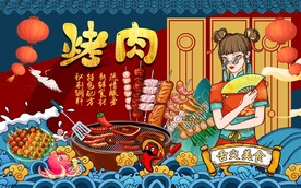 国潮烧烤工装背景墙图片