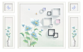 电视背景墙 蓝色花朵