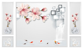 电视背景墙 粉色花朵 金鱼