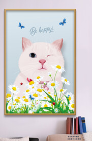 可爱卡通花丛里的猫咪装饰画