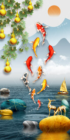 麋鹿九鱼图五福临门玄关