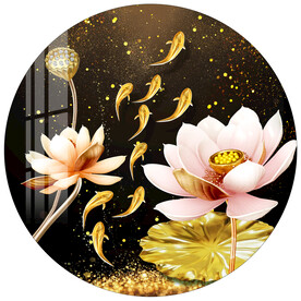 轻奢金色荷花九鱼圆形装饰画