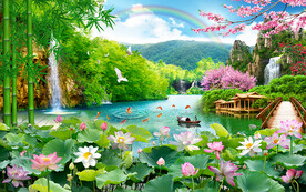 流水生财荷花风景背景墙