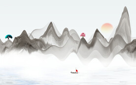 轻奢装饰画 水墨山水画船 日出