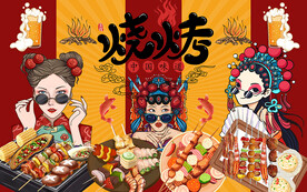 国潮中国味道烧烤美食工装背景墙
