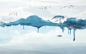 轻奢装饰画 蓝色山水画 船 鸟