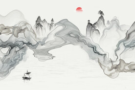 轻奢装饰画 抽象线条弧线船日出