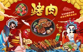 国潮烤肉工装背景墙图片