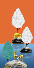 轻奢装饰画 麋鹿 石头 树