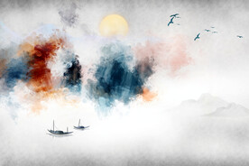 轻奢装饰画 新中式水墨山水画船