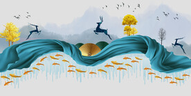 轻奢装饰画新中式山水画麋鹿