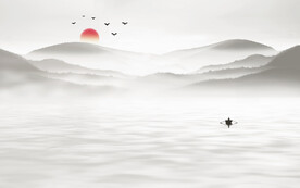 轻奢装饰画 新中式水墨山水画船