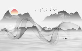 轻奢装饰画 水墨山水画 弧线