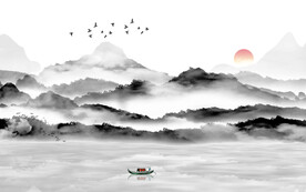 轻奢装饰画 水墨山水画 日出船