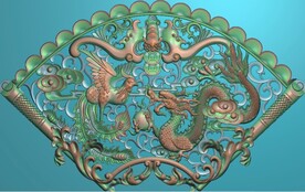 扇形龙凤朝阳蝙蝠挂屏精雕图
