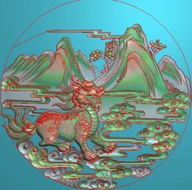 麒麟精雕图山水神兽挂屏精雕图