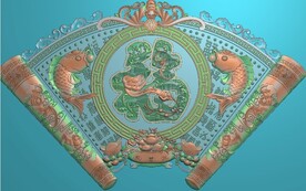 福庆有鱼蝙蝠鱼如鱼得水扇形精雕