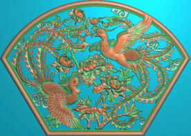 凤凰凤戏牡丹花开富扇形挂屏精雕