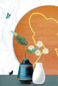 轻奢装饰画 花瓶 菊花 猫美女