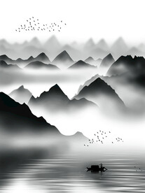 高清分层手绘山水背景墙