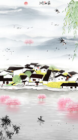 江南水乡水墨山水画