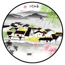 江南水墨水乡山水画