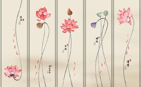 新中式水墨红荷花五条屏装饰画