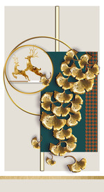装饰画 金色杏叶 麋鹿