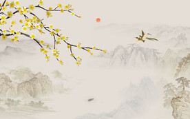 新中式山水工笔花鸟画背景墙