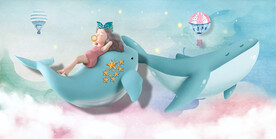 装饰画 卡通女孩鲸鱼 热气球