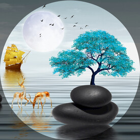 装饰画 新中式山水画 麋鹿石头