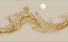 新中式浮雕金色麋鹿山水背景墙