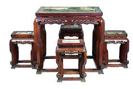 红木大理石三弯腿豹脚茶桌凳一堂